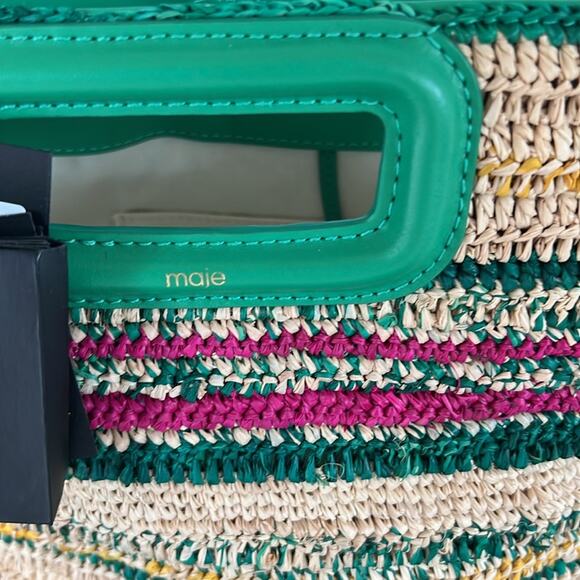 NWT $385 MAJE MEDIUM Vert Casino leather straw bag w/ strap and top handle - Picture 5 of 16
